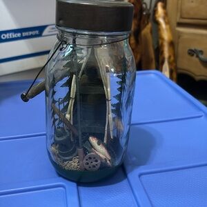 Fishing decor;Rustic Mason Jar Lantern with Forest/fishing scene